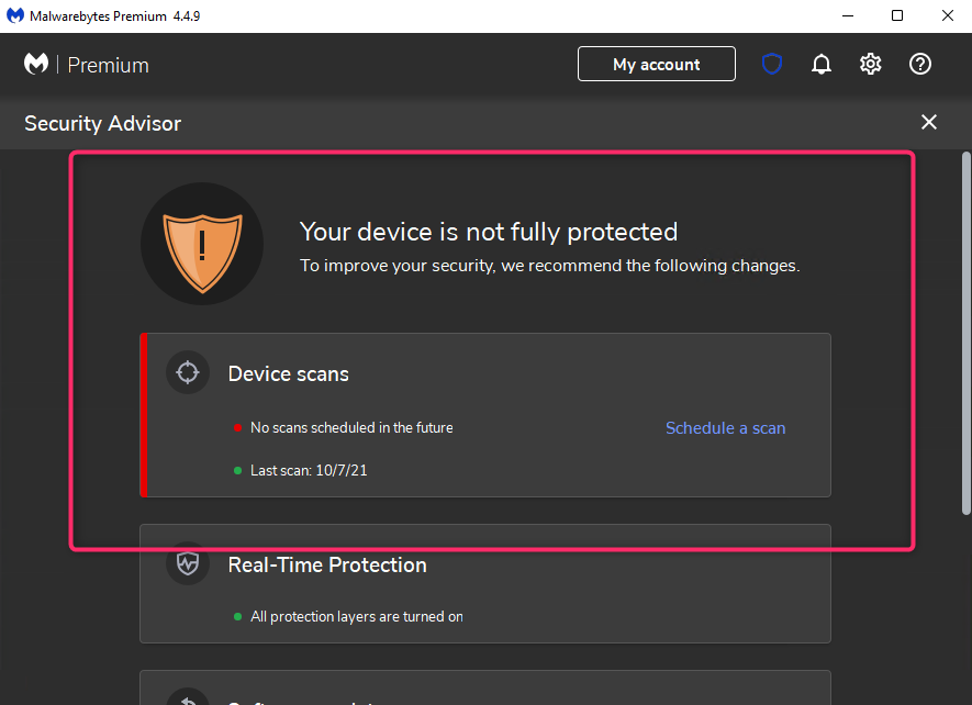 Not Fully Protected because no scheduled scan - Malwarebytes for ...