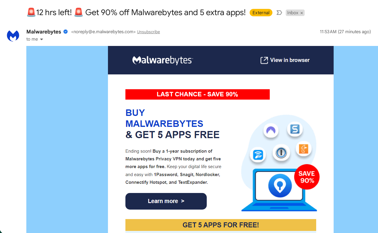Email offer for 90% off Malwarebytes and 5 extra apps. - General Chat ...