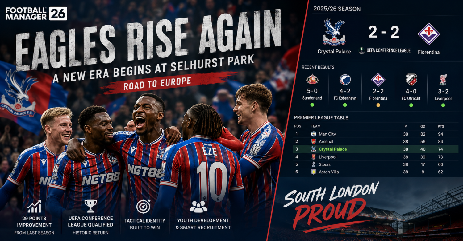 Football Manager 2026 Tactics - Crystal Palace's Remarkable Rise Ends in European Heartbreak