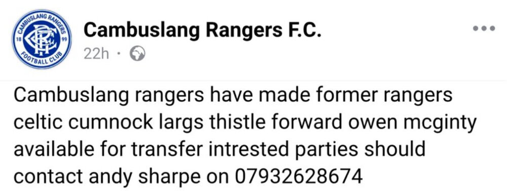 Player Available For Transfer - West Of Scotland Football League - Pie 