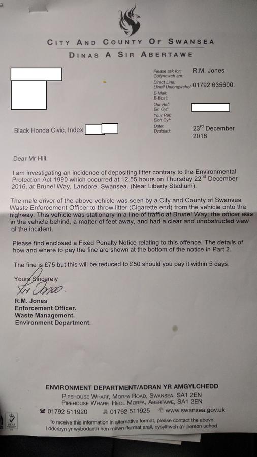fixed penalty notice litter cigarette Littering Fixed Penalty Notice cigarette end Swansea - Local Authority  Parking and Traffic Offences
