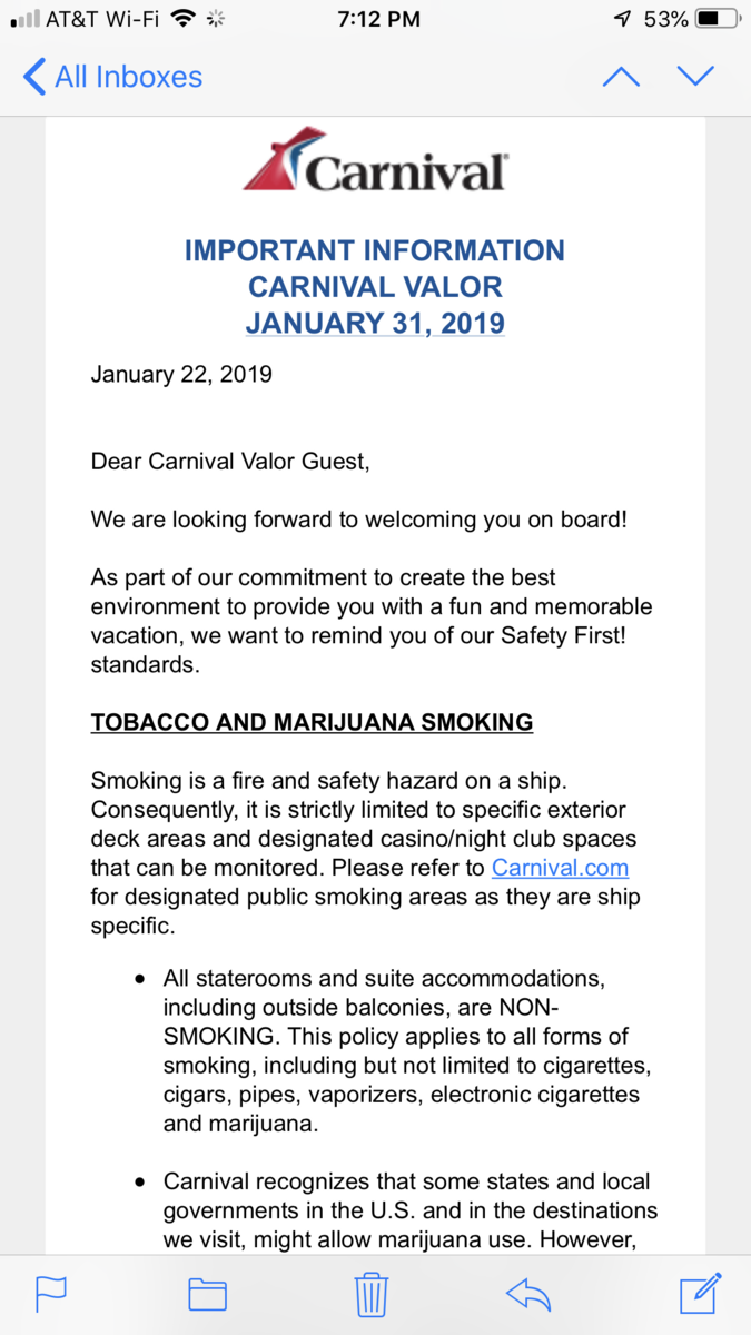 Behavior warning email - Carnival Cruise Lines