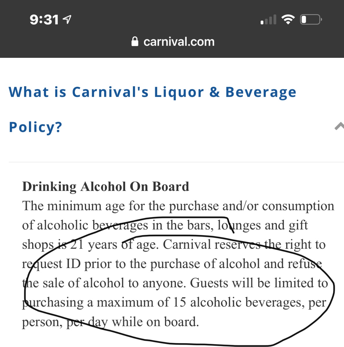 When did Carnival change the drink limit to 15 drinks even without 