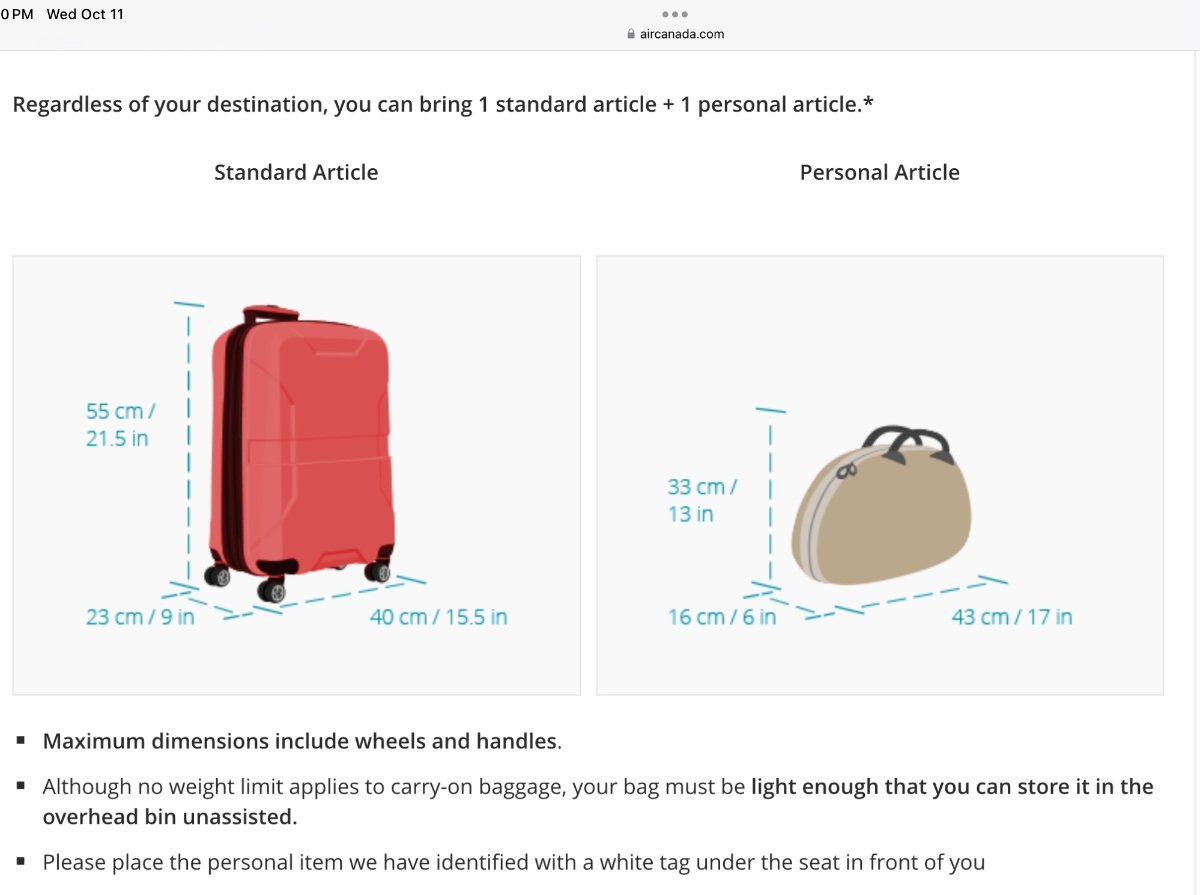 Size of luggage air canada on sale