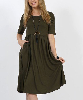 Dark Olive Half-Sleeve Shirred Pocket Empire-Waist Dress - Women & Plus