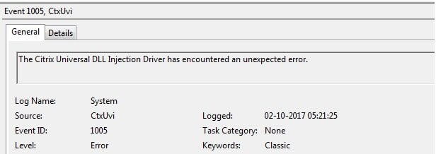 The Citrix Universal DLL Injection Driver has encountered an