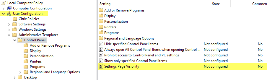 Server 2016 &amp; PC Settings/Immersive Control Panel - XenApp 7.x 