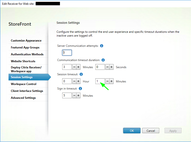 Where do you configure idle logoff timer for &ldquo;Workspace app for 