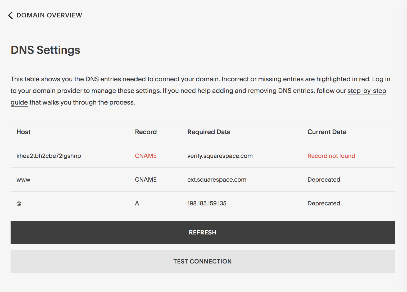 Required data in DNS settings not matching required data in 