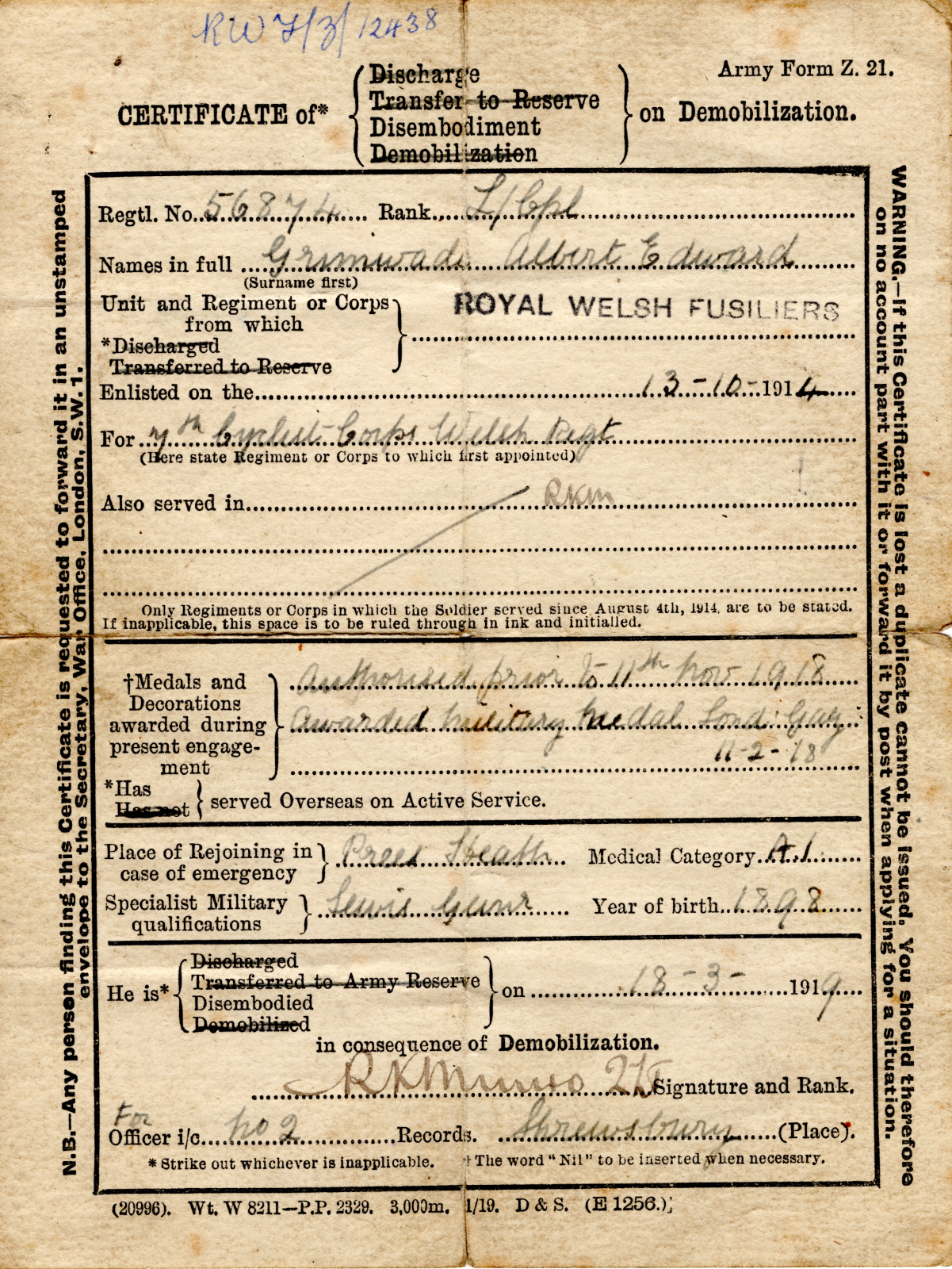 14th Battalion RWF 56874 Lcpl Albert E Grimwade MM. - Soldiers and ...