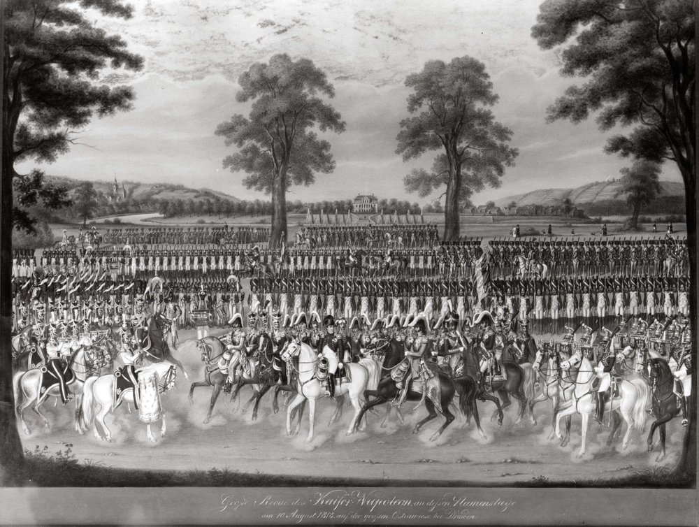 Grosse Revue des Kaisers Napoleon an dessen Namenstage am 10. August 1813 auf der grossen Ostrawiese bei Dresden, von Friedrich August Schneider, 1799-1855[?]  (ehemals Stadtgeschichtliches Museum Dresden, Städt. Galerie Dresden, Kunstsammlung Kopie.