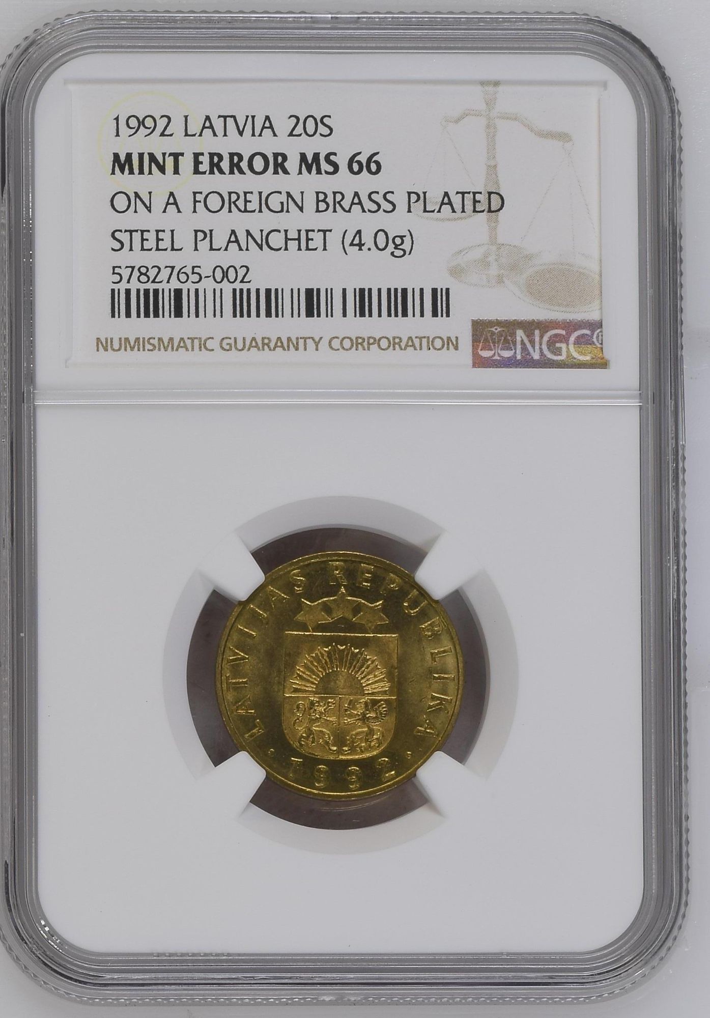 Latvia (KM#22.2) 20 Santimu 1992 Mint Error - US, World, and