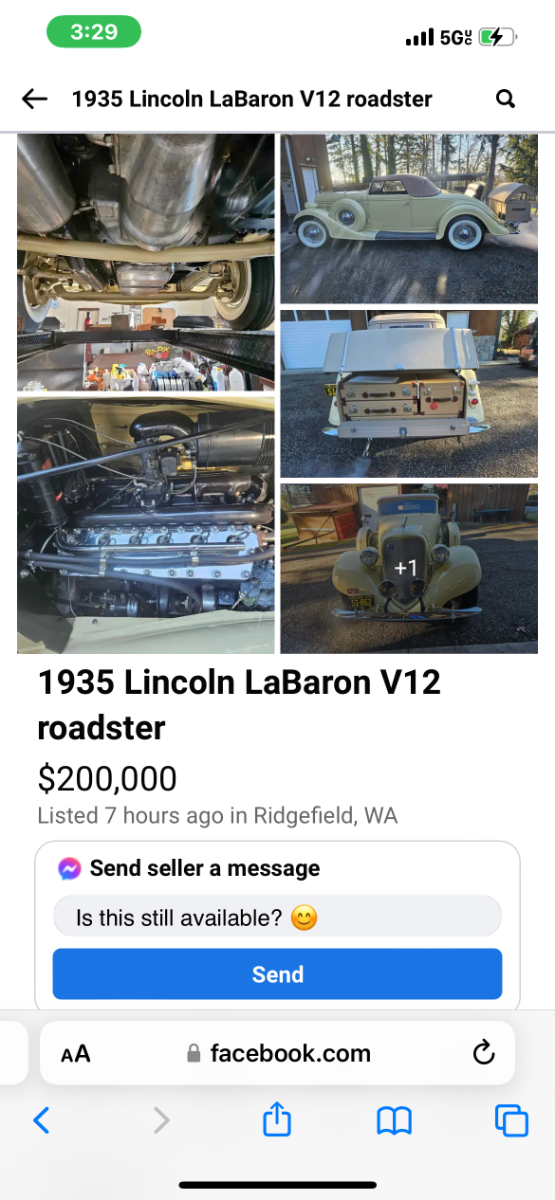 1935 Lincoln LaBaron V12 roadster, not mine. - 