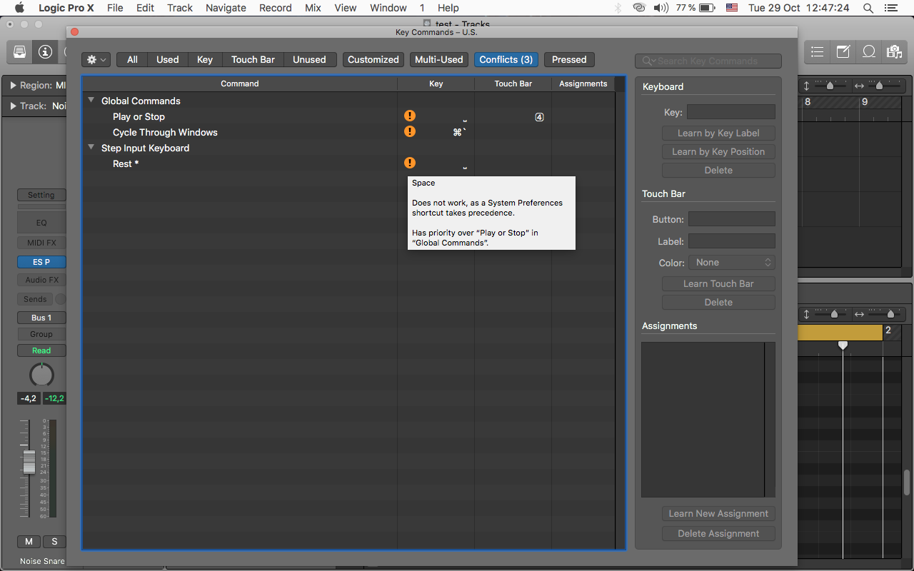Key Command Conflicts (space bar??) - Logic Pro - Logic Pro Help
