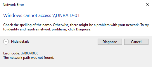 Windows 10 Explorer &lsquo;Windows cannot access \UNRAID-01&rsquo; (SMB v1 