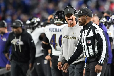 Sensing the game slipping away, Ravens HC, John Harbaugh, asks the Ref if adding another zero to the check will get the game to end before the Bills can score again.