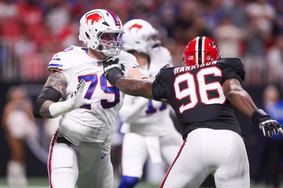 Spencer Brown does a nice job of holding off Zach Harrison, giving Josh Allen time to scan the field and find no receivers open.