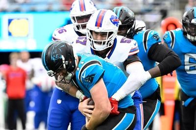 AJ Epenesa had himself a game Sunday afternoon. Here he sacks Panther QB Howdy Doody, and his PICK and near SIX was the Defensive highlight of the game.