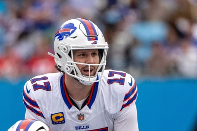 Josh Allen scans the Defense as he waits to call for the snap in 3rd quarter actions against the Panthers.