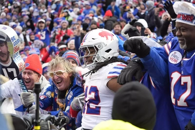 LB Dorian Williams does the Highmark Hop, joining fans to celebrate his late 4th quarter fumble recovery that effectively iced the game for the Bills.