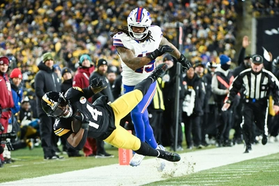Kenneth Gainwell it taken down hard by Defensive QB Shaq Thompson who led the Bills with 9 tackles (5 solo).
