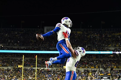 The road to redemption began in Pittsburgh as Keon Coleman is lifted sky-high by Dawson Knox in celebration of Keon's 3rd quarter TD reception.