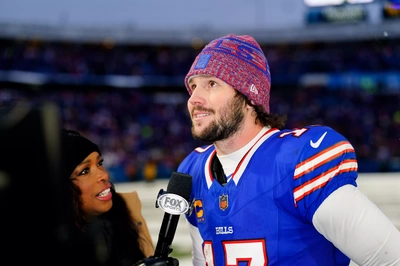 Josh Allen looks lovingly at the Highmark fans as he is interviewed after the Bills second big comeback win of the season. [And to continue my Biblical allusions (and with all due respect), if that's not the face is a football Jesus, nothing is.]