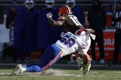 Cleveland RB Quinshon Judkins is wrapped up and tackled my Matt Milano who had himself a nice game.