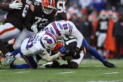 Now this is how you earn a half of a sack, Jordan Poyer and Greg Rousseau team up to sack Cleveland QB Shedeur Sanders.