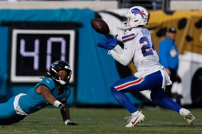 Cole Bishop gets a late Christmas present as he hauls in the game icing interception on a pass tipped by Tre'Davious White. Jakobi Meyers looks on helplessly as he sees his season end.