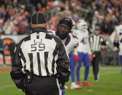 Tre White gives some serious stink eye to one of the officials who decided to keep their flags in their pockets when Brandin Cooks was interfered with near the end of regulation, but threw multiple flags against the Bills in OT.