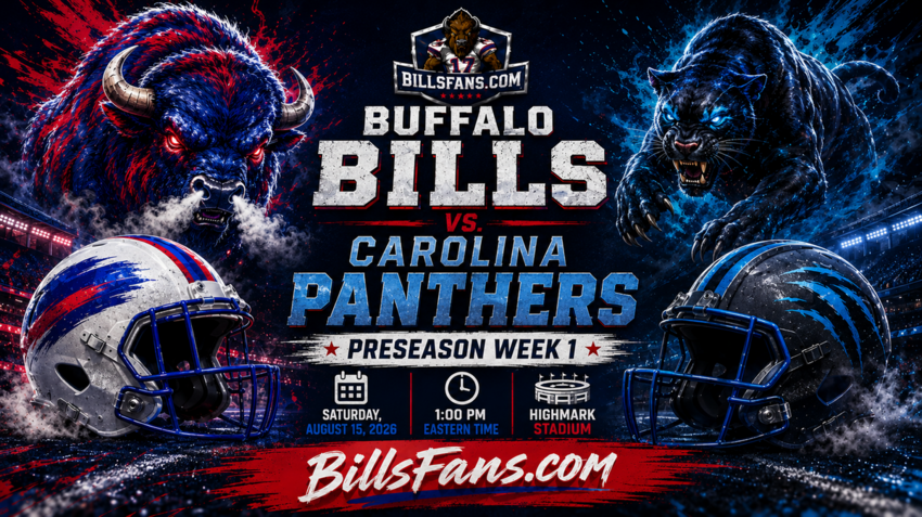Buffalo Bills vs. Carolina Panthers Preseason Week 1 graphic for BillsFans.com featuring custom buffalo and panther imagery, stylized helmets, Highmark Stadium, and game information for August 15, 2026.