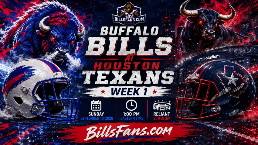 Buffalo Bills at Houston Texans Week 1 matchup graphic for BillsFans.com, featuring custom buffalo and Texans-inspired imagery, stylized helmets, Reliant Stadium details, and game information for September 13, 2026.