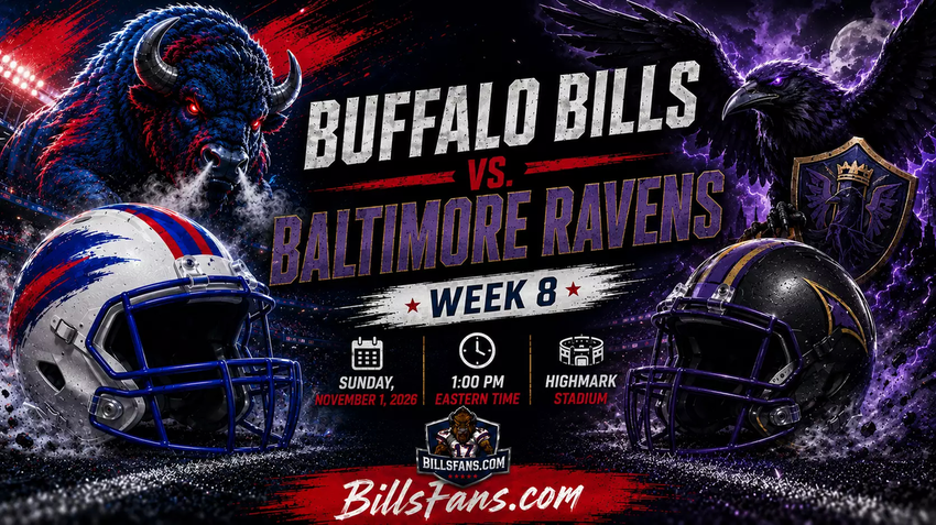 Buffalo Bills vs. Baltimore Ravens Week 8 matchup graphic for BillsFans.com with custom buffalo and raven imagery, stylized helmets, Highmark Stadium details, and November 1, 2026 game info.
