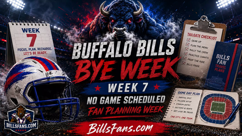 Buffalo Bills Week 7 bye week graphic for BillsFans.com, featuring custom buffalo imagery, fan planning notes, tailgate checklist, travel plans, and no game scheduled.
