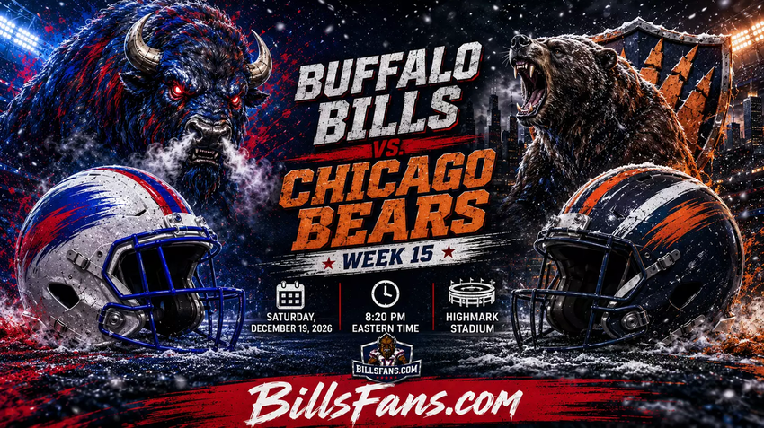 Buffalo Bills vs. Chicago Bears Week 15 BillsFans.com matchup graphic with custom buffalo and bear mascots, stylized helmets, snow, smoke, and Highmark Stadium game details.