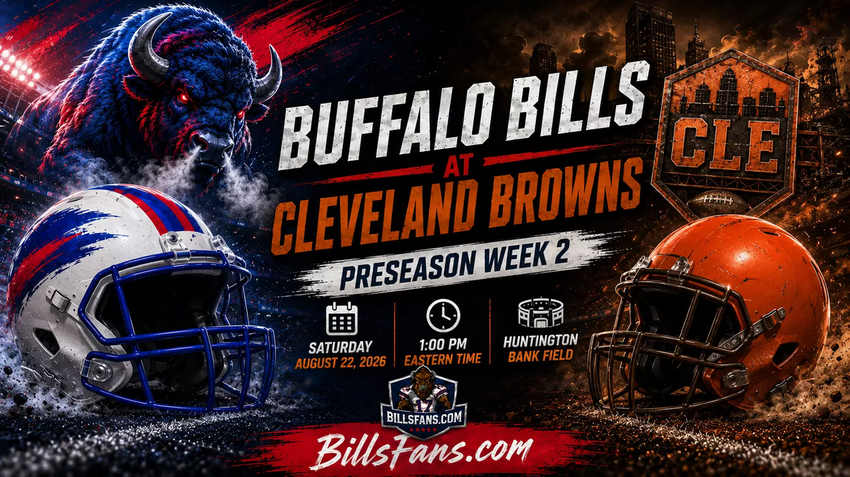 Buffalo Bills at Cleveland Browns Preseason Week 2 graphic for BillsFans.com featuring custom buffalo and Cleveland-themed imagery, stylized helmets, Huntington Bank Field, and game information for August 22, 2026.
