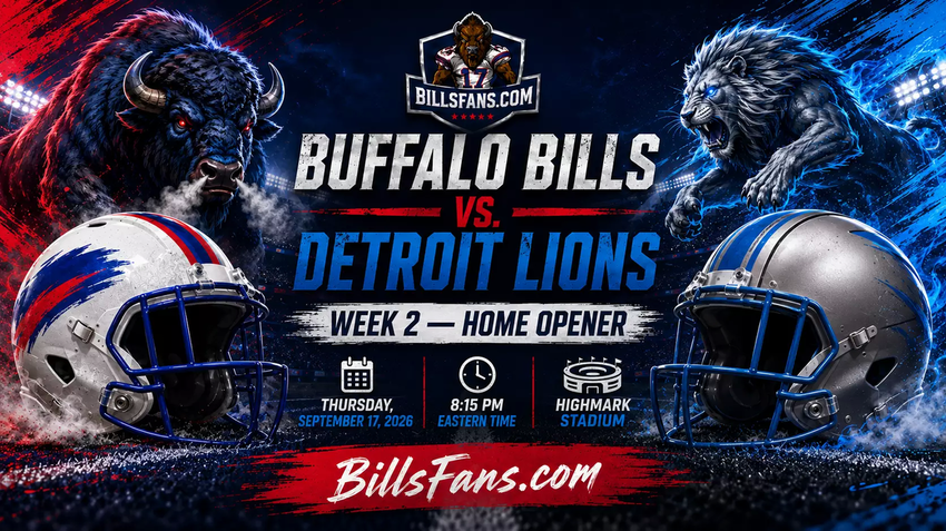 Buffalo Bills vs. Detroit Lions Week 2 home opener graphic for BillsFans.com, featuring custom buffalo and lion imagery, stylized helmets, Highmark Stadium details, and game information for September 17, 2026.