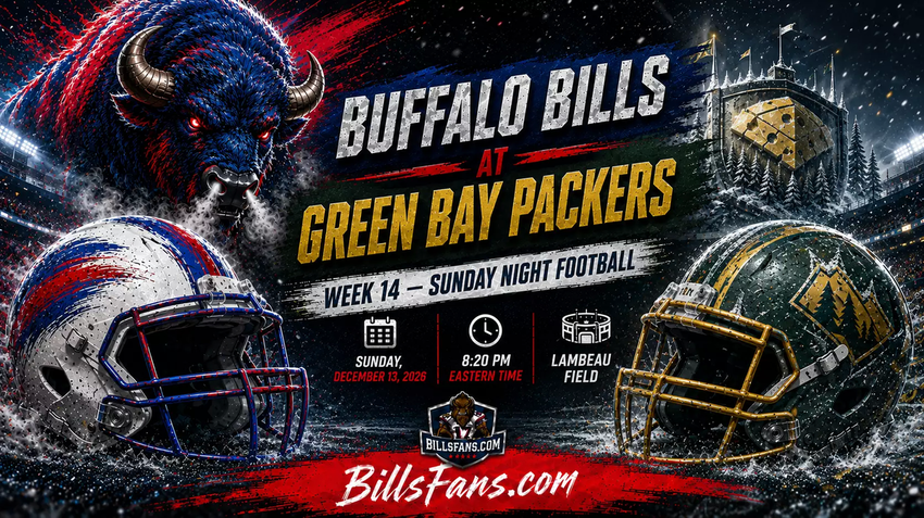 Buffalo Bills at Green Bay Packers Week 14 Sunday Night Football graphic for BillsFans.com, featuring custom buffalo and Green Bay-inspired imagery, stylized helmets, snowy Lambeau Field scenery, and game details for December 13, 2026.