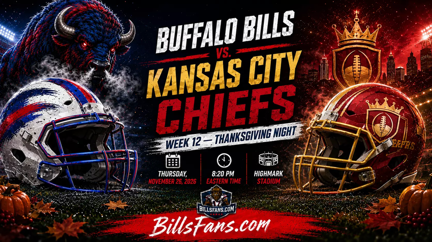 Buffalo Bills vs. Kansas City Chiefs Week 12 Thanksgiving Night matchup graphic for BillsFans.com, featuring custom buffalo and Chiefs-inspired imagery, stylized helmets, autumn football accents, and game details for November 26, 2026 at Highmark Stadium.