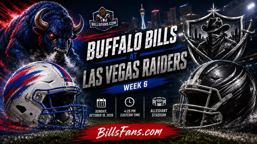 Buffalo Bills at Las Vegas Raiders Week 6 matchup graphic for BillsFans.com, featuring custom buffalo and Raiders-inspired imagery, stylized helmets, Allegiant Stadium details, and game information for October 18, 2026.