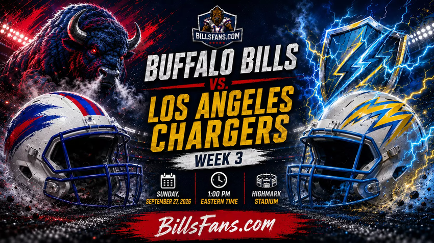 Buffalo Bills vs. Los Angeles Chargers Week 3 matchup graphic for BillsFans.com, featuring custom buffalo and Chargers-inspired lightning imagery, stylized helmets, Highmark Stadium details, and game information for September 27, 2026.