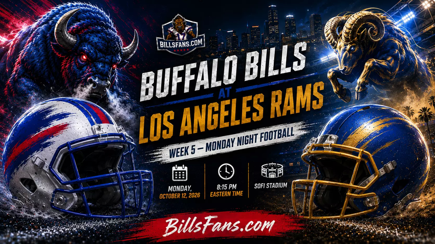 Buffalo Bills at Los Angeles Rams Week 5 Monday Night Football graphic for BillsFans.com, featuring custom buffalo and ram imagery, stylized helmets, SoFi Stadium details, and game information for October 12, 2026.