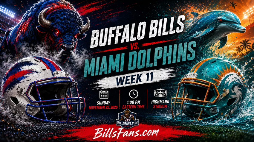 Buffalo Bills vs. Miami Dolphins Week 11 matchup graphic for BillsFans.com, featuring custom buffalo and dolphin imagery, stylized helmets, tropical water effects, and game details for November 22, 2026 at Highmark Stadium.