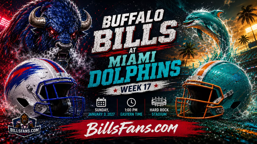 Buffalo Bills at Miami Dolphins Week 17 matchup graphic for BillsFans.com, featuring custom buffalo and dolphin mascots, stylized helmets, tropical stadium scenery, and game details for January 3, 2027 at Hard Rock Stadium.