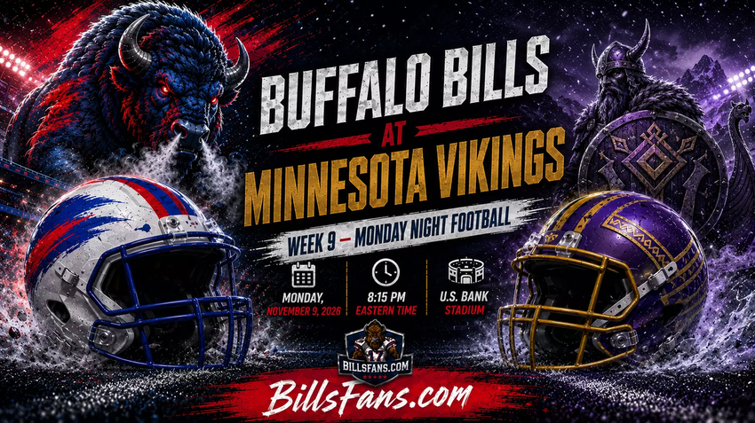 Buffalo Bills at Minnesota Vikings Week 9 Monday Night Football graphic for BillsFans.com, featuring custom buffalo and Vikings-inspired imagery, stylized helmets, snowy stadium atmosphere, U.S. Bank Stadium details, and game information for November 9, 2026.