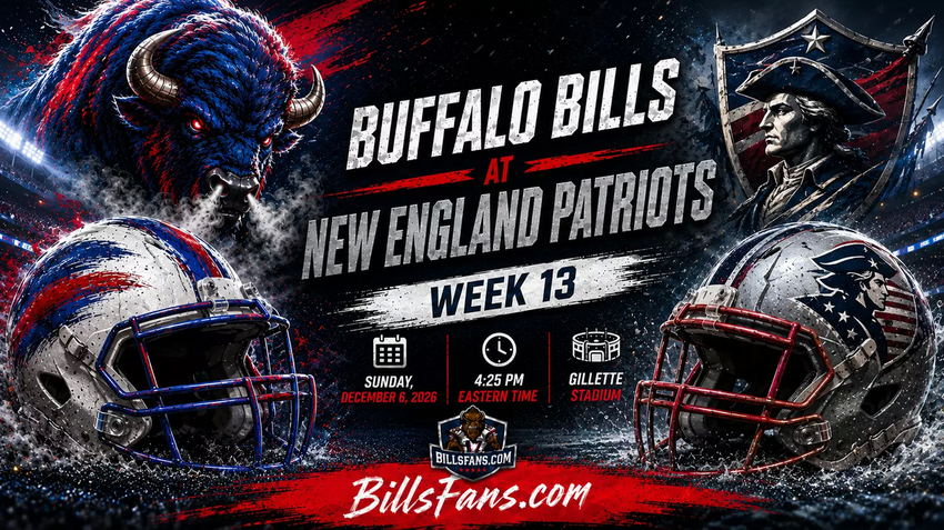 Buffalo Bills at New England Patriots Week 13 matchup graphic for BillsFans.com, featuring custom buffalo and Patriots-inspired imagery, stylized helmets, Gillette Stadium details, and game information for December 6, 2026.