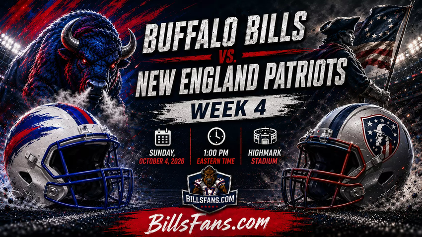 Buffalo Bills vs. New England Patriots Week 4 matchup graphic for BillsFans.com, featuring custom buffalo and Patriots-inspired imagery, stylized helmets, Highmark Stadium details, and game information for October 4, 2026.