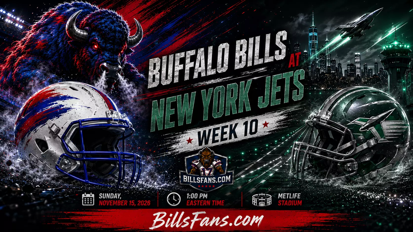 Buffalo Bills at New York Jets Week 10 matchup graphic for BillsFans.com, featuring custom buffalo and Jets-inspired aviation imagery, stylized helmets, New York skyline, MetLife Stadium details, and game information for November 15, 2026.