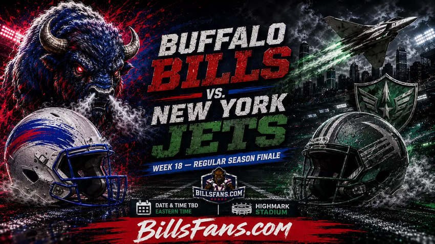 Buffalo Bills vs. New York Jets Week 18 regular season finale graphic for BillsFans.com, featuring custom buffalo and aviation-themed Jets imagery, stylized helmets, Highmark Stadium details, and date and time TBD.
